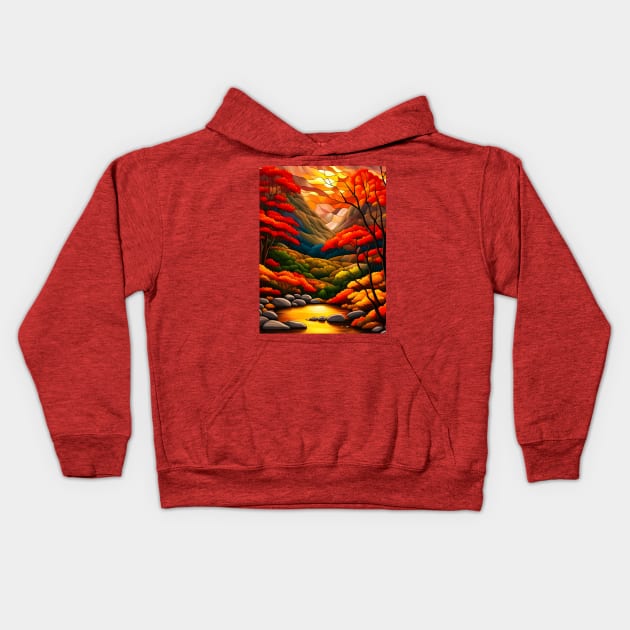 Stained Glass Autumn Mountain Scenery Kids Hoodie by Chance Two Designs